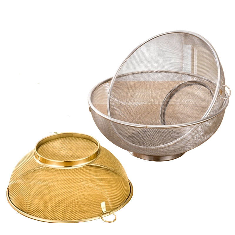 Stainless steel and gold mesh strainers on a wooden surface with text about their features.