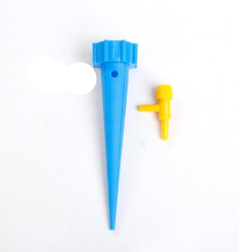 Blue and yellow plastic garden irrigation spike with '7pcs' text on a white background