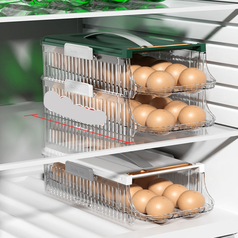 Egg storage container with two compartments on a kitchen shelf, showing '32cm' measurement.