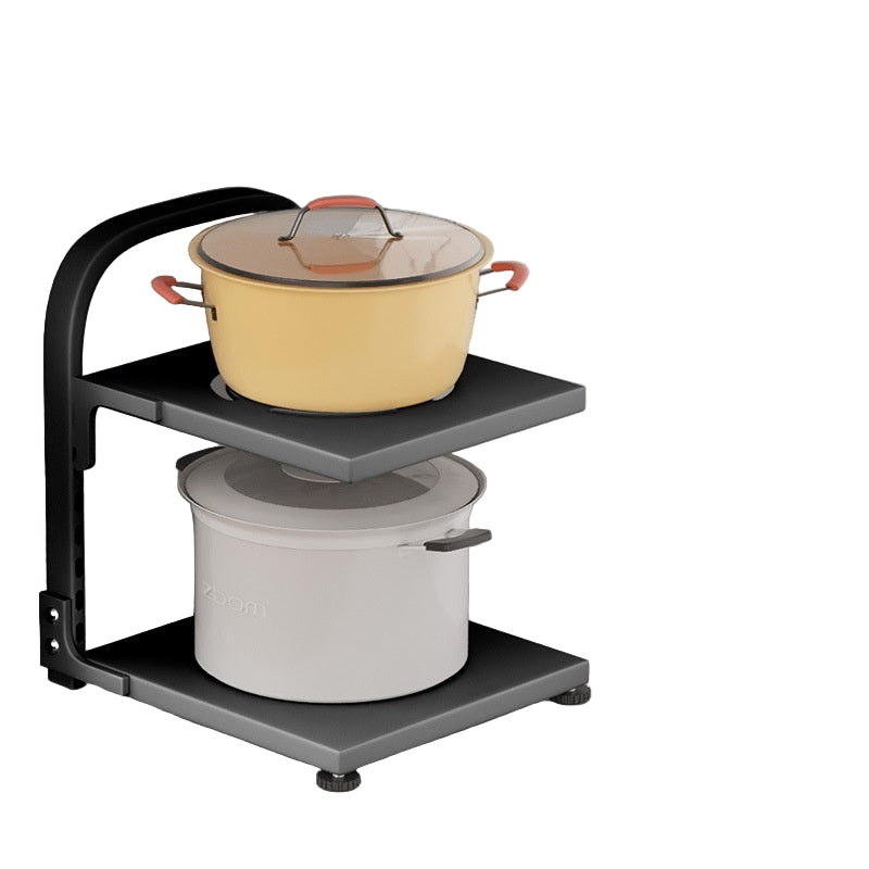 Black pot rack with pots on a kitchen counter, featuring adjustable feet and applicable scenarios.