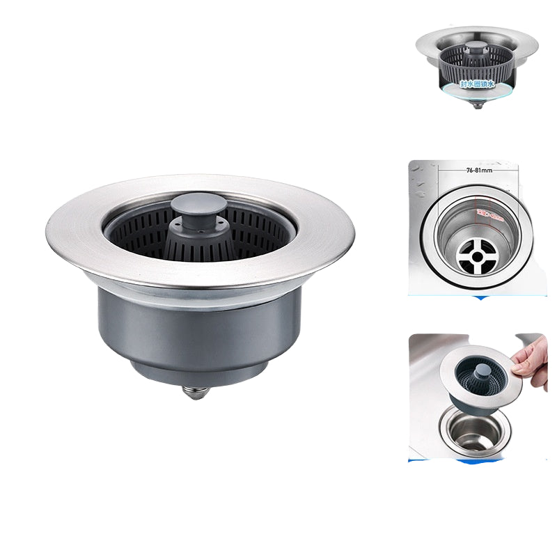 Sink drain assembly with dimensions and features on a white background
