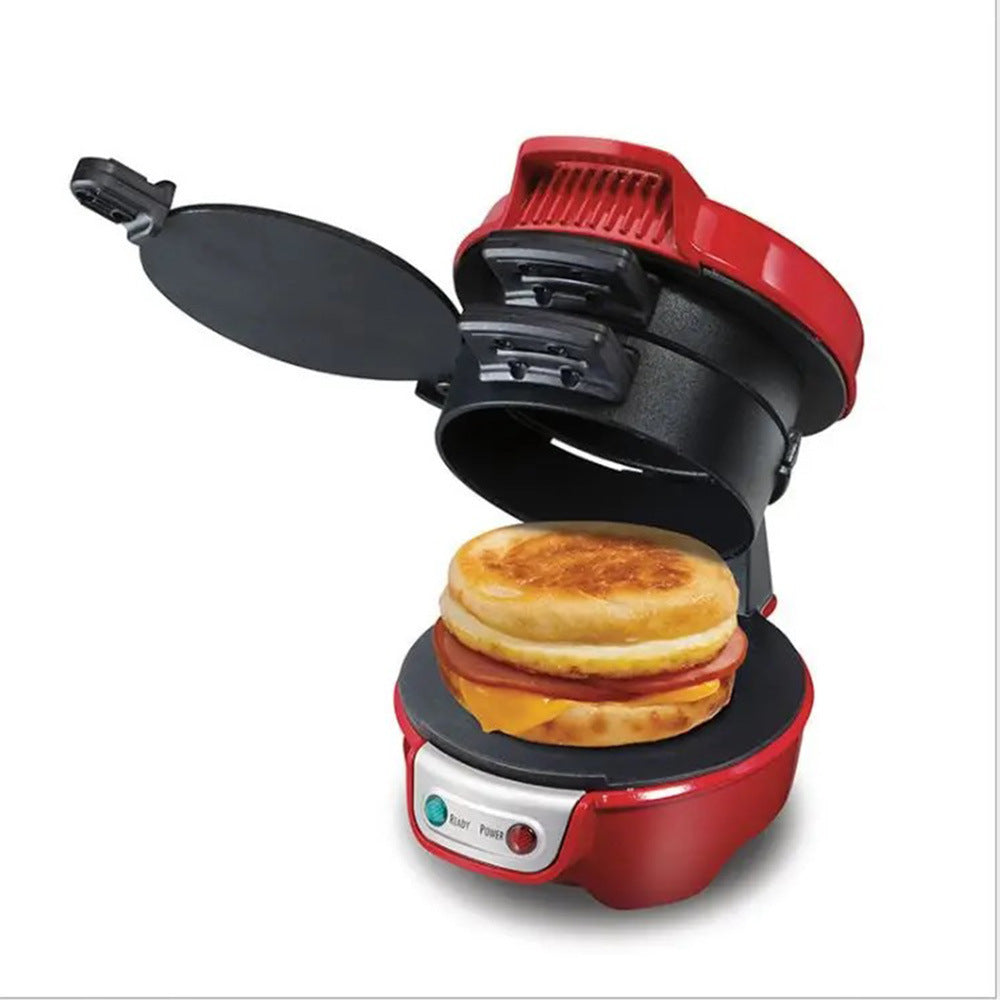 Red and black sandwich maker with a stack of sandwiches on a white background