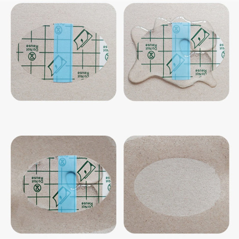 Four square tiles with different designs on a beige background