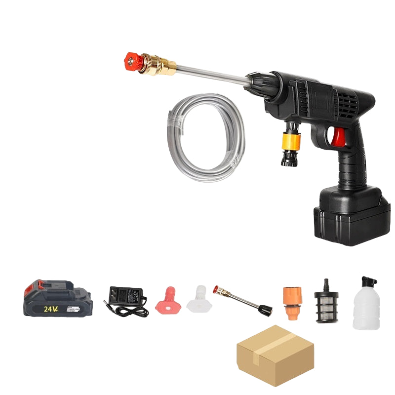 Portable car wash gun with accessories and specifications on a white background