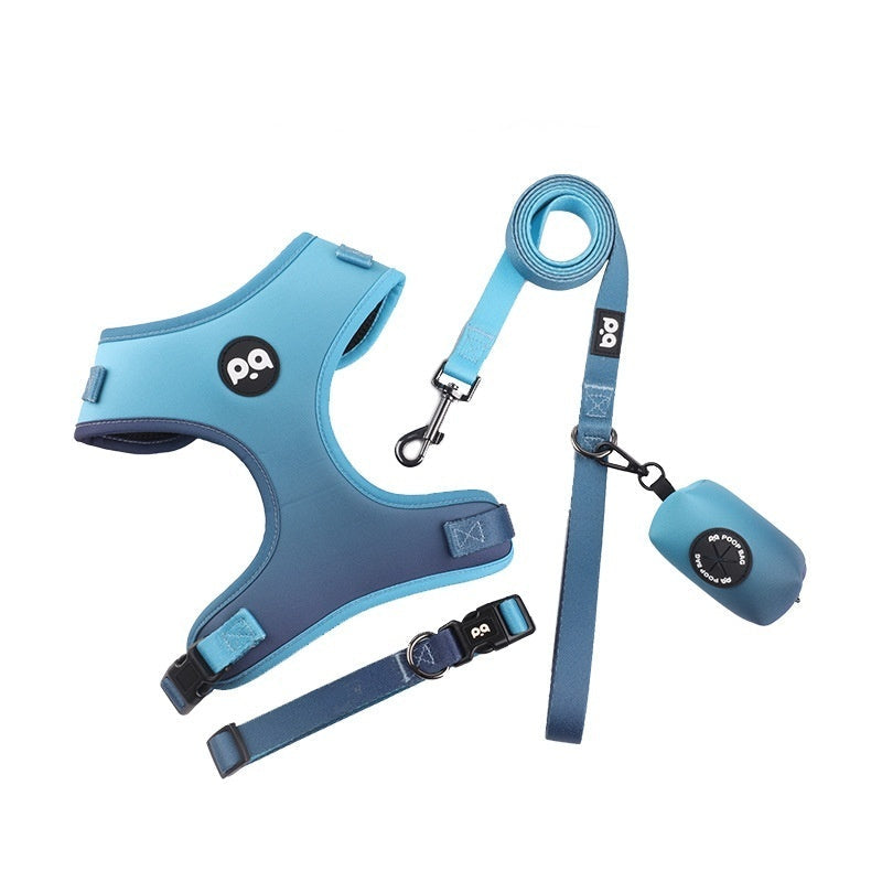 Dog harness, leash, and collar set with sapphire blue gradient on a white background