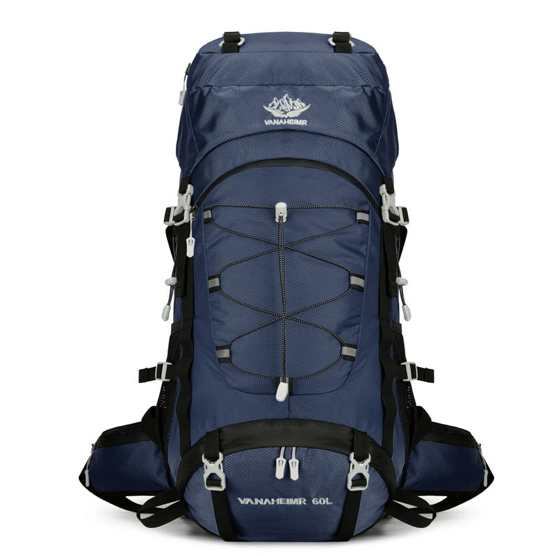 Blue backpack with black straps on a white background