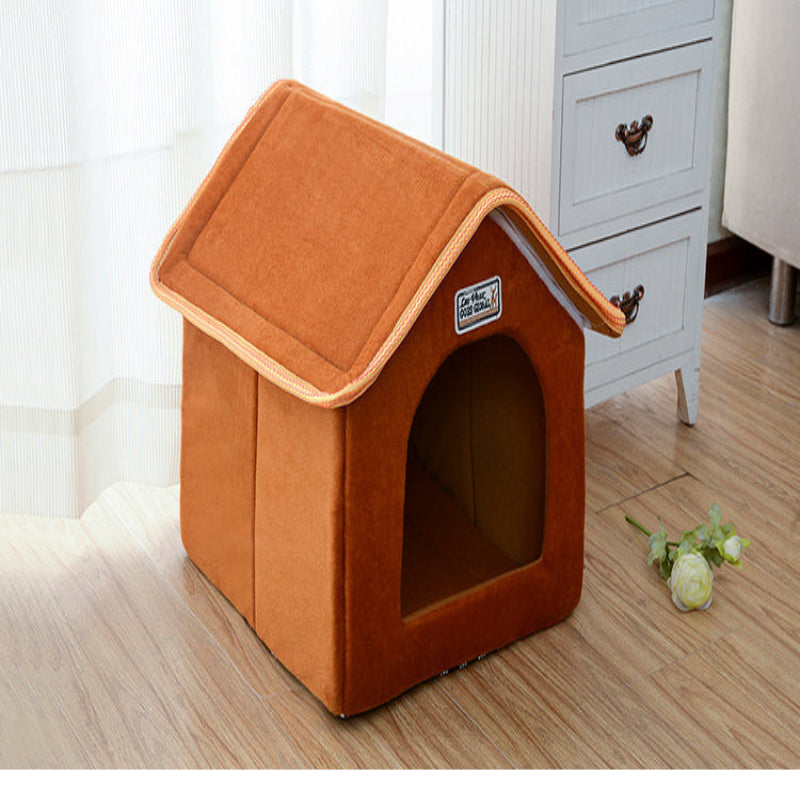 Brown pet house on a wooden floor with a white cabinet in the background