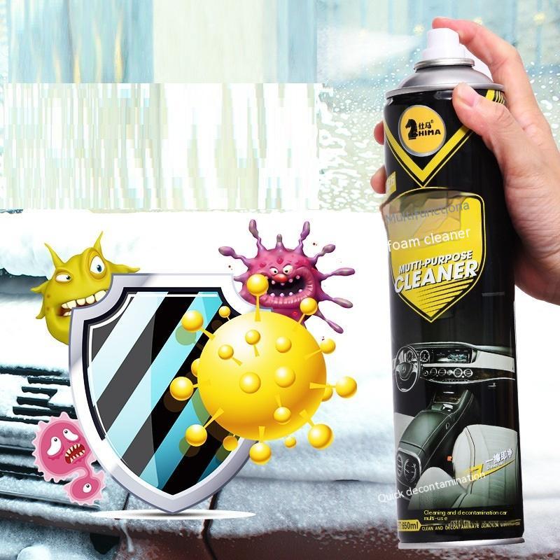 Foam Cleaner can with a hand holding it, surrounded by cartoon viruses and a shield graphic.