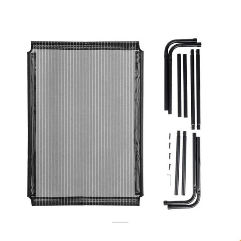 Package content with pet bed and tools on a white background