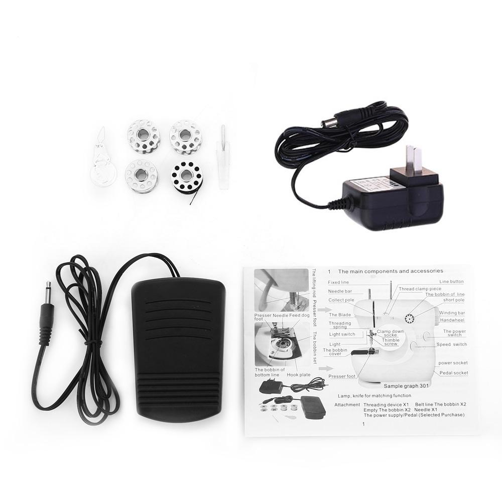 Electronics components including a foot pedal, power adapter, and cables on a white background.