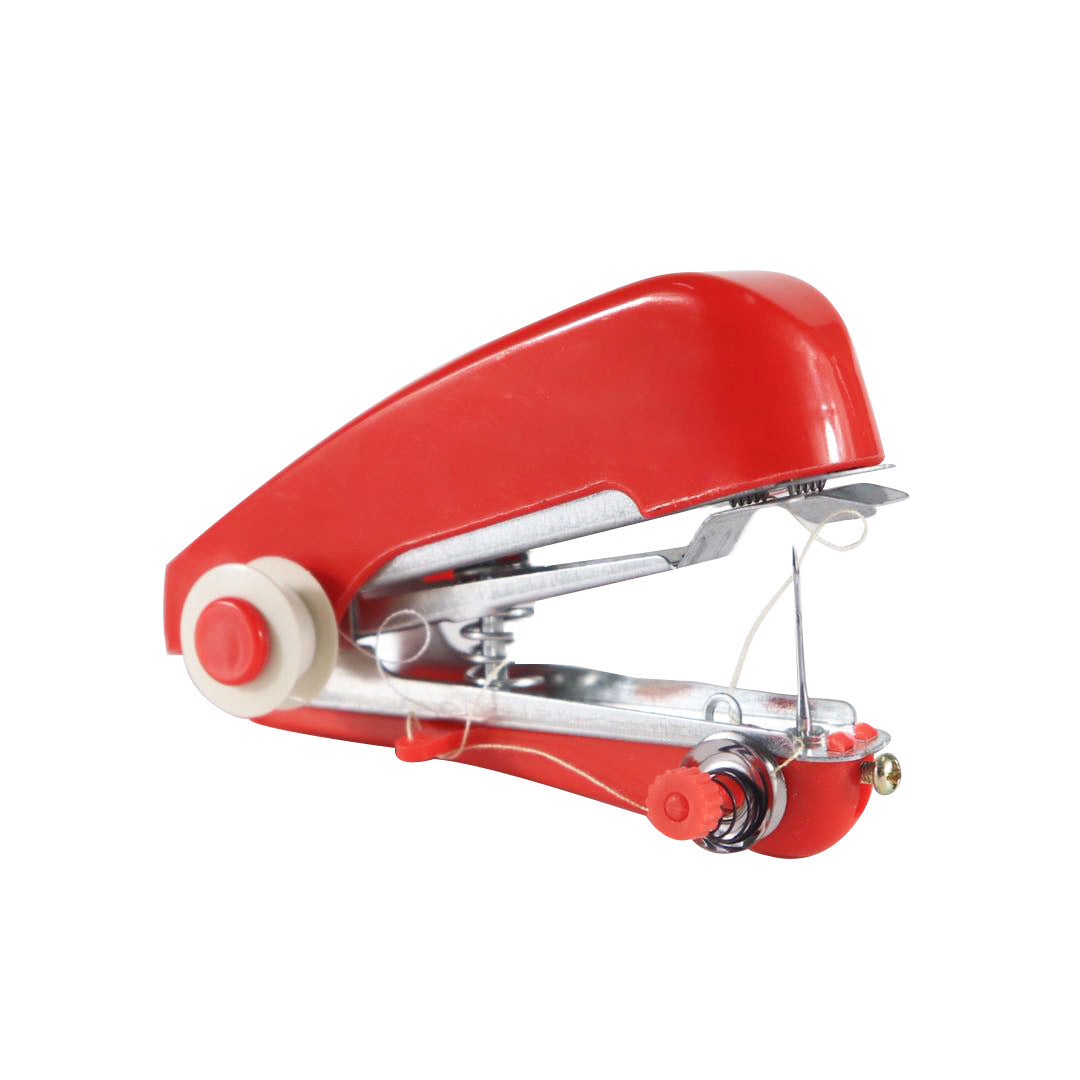 Red handheld sewing machine on a white background