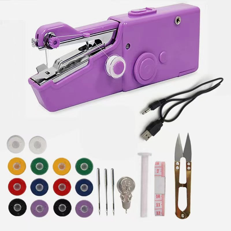 Purple handheld sewing machine with accessories on a white background