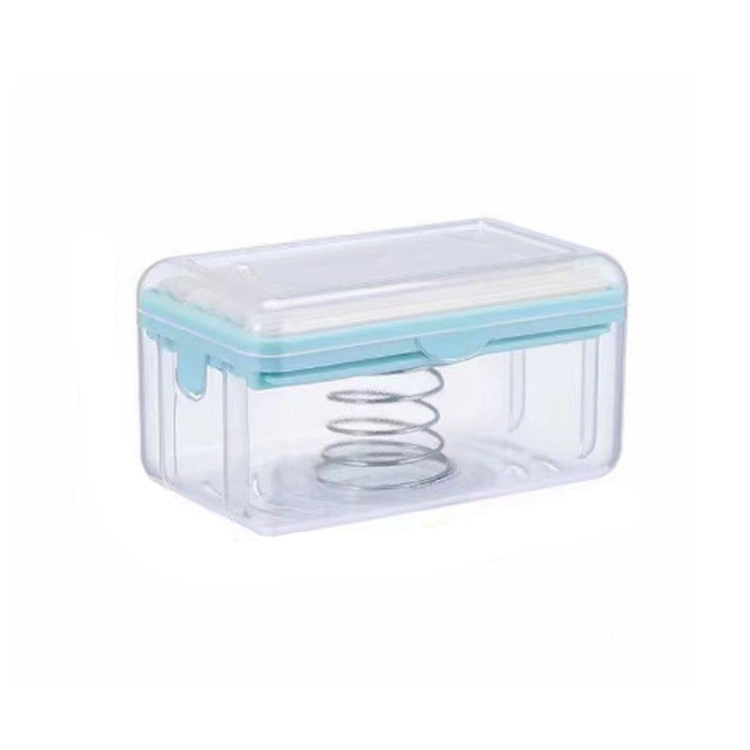 Clear container with a blue lid and measurements on a white background
