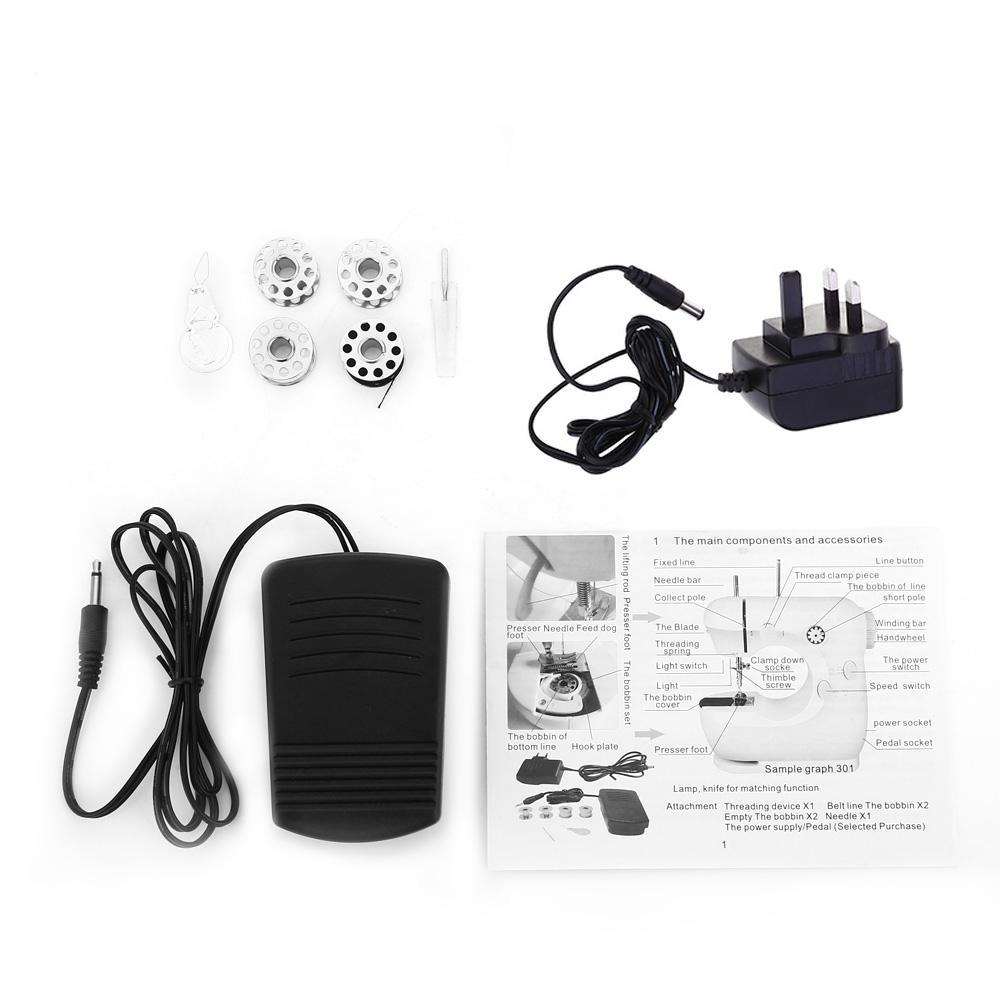 Sewing machine components including a foot pedal, power adapter, and user manual on a white background.