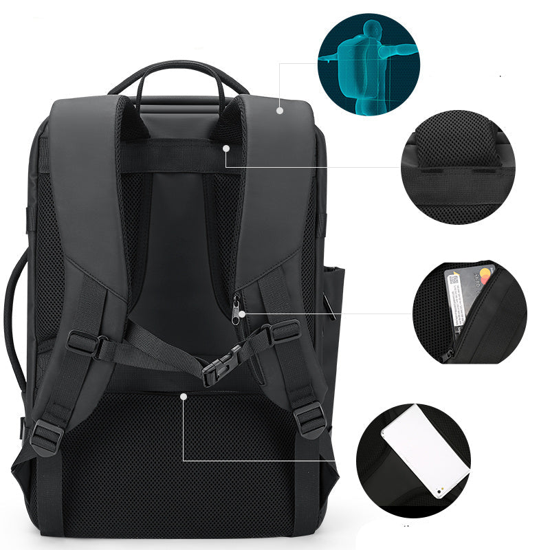 Black backpack with feature highlights on a white background