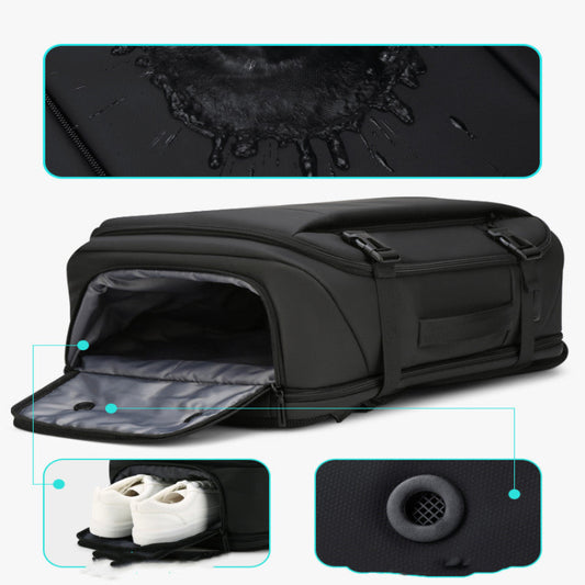Black pet carrier with water droplet simulation and interior details on a white background