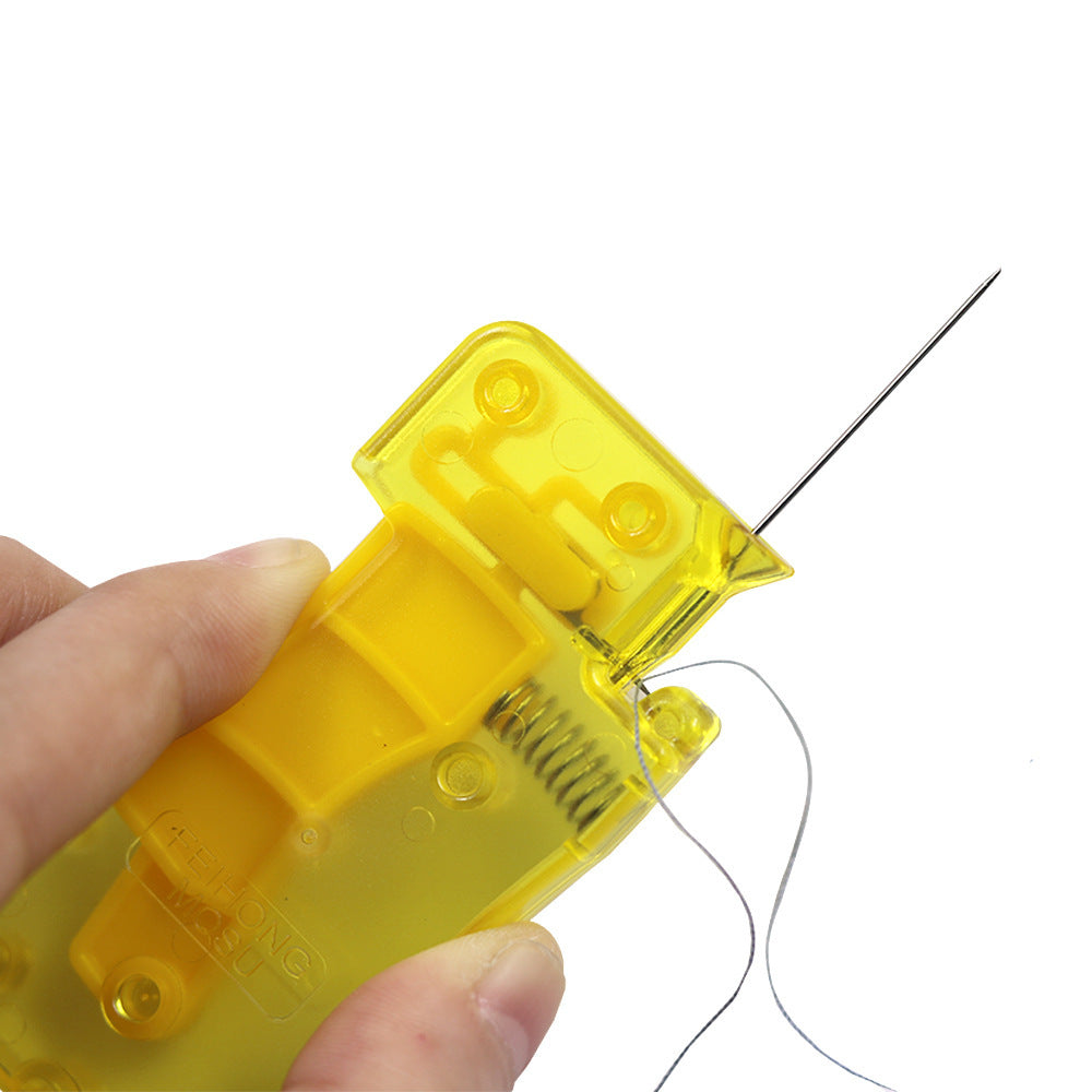Yellow thread tensioner with a needle and thread on a white background