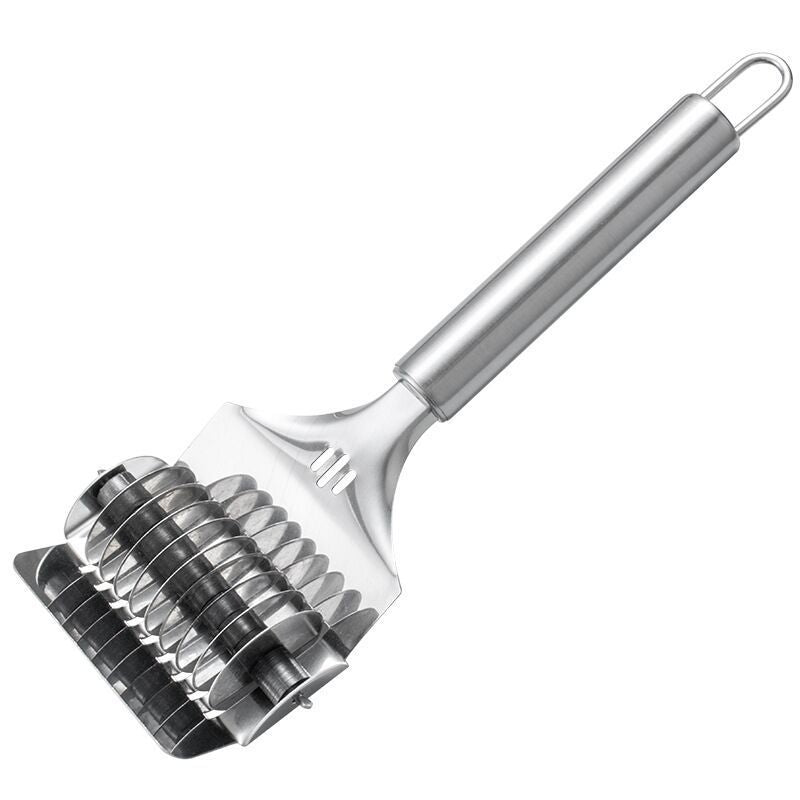 Metallic kitchen tool with a handle on a white background