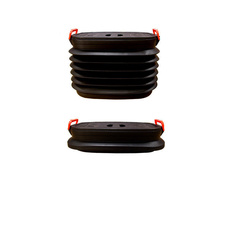 Black inflatable container with dimensions and volume label on a white background
