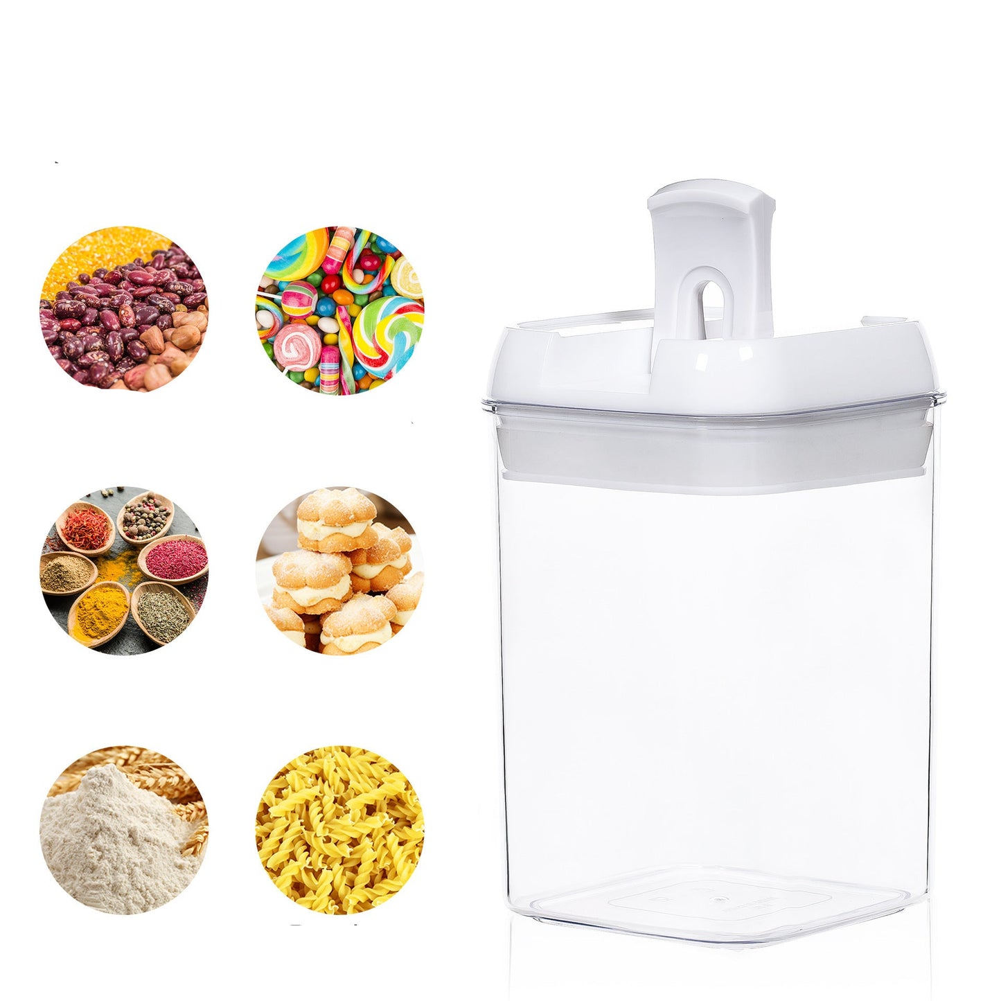 White airtight container with images of grains, candies, spices, snacks, and flour on a white background.