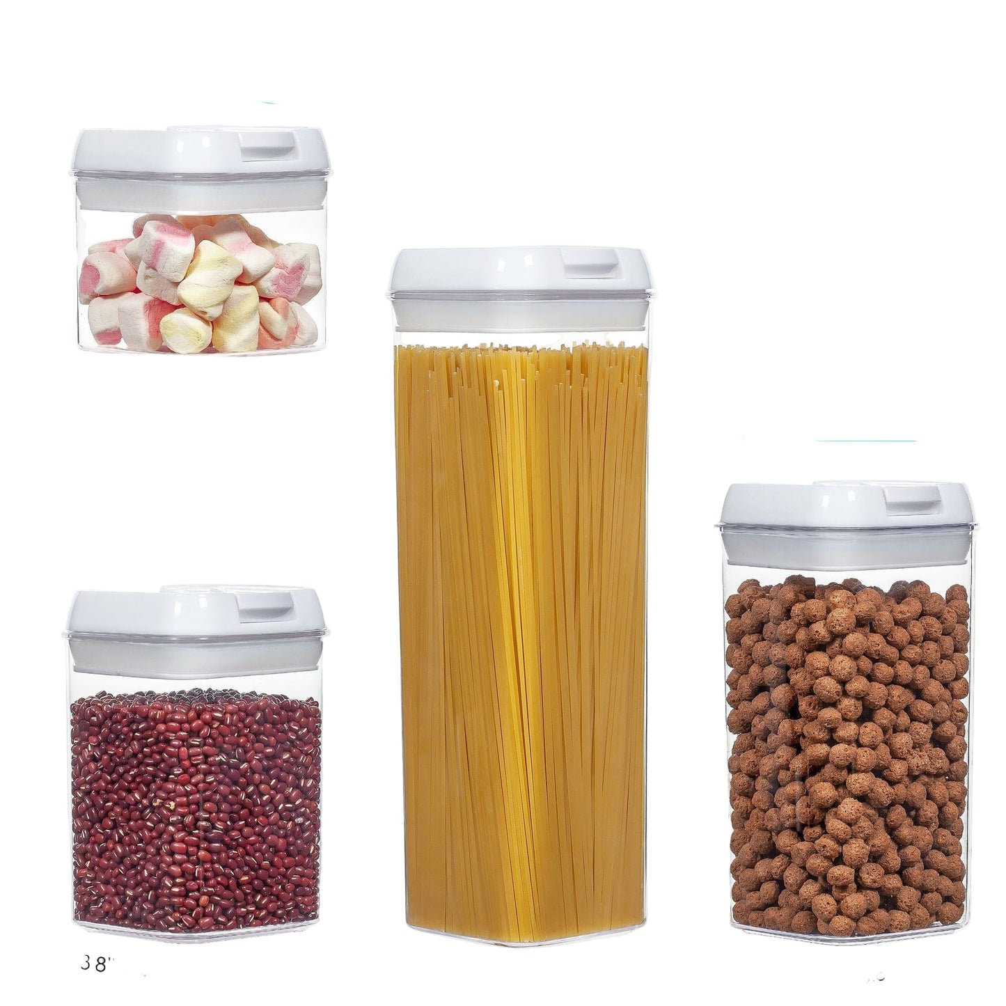Set of storage containers with measurements and contents shown, including spaghetti and beans.