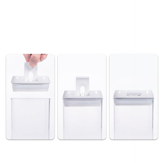 Illustration of a special design airtight lid with steps to open, unlock, and lock.