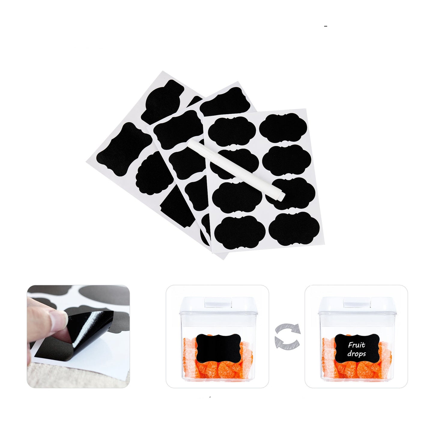 Set of black labels and a marker with packaging and usage examples on a white background.