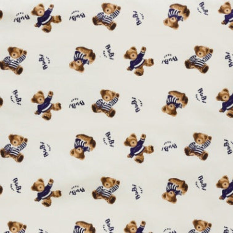 Pattern of teddy bears wearing striped shirts on a white background