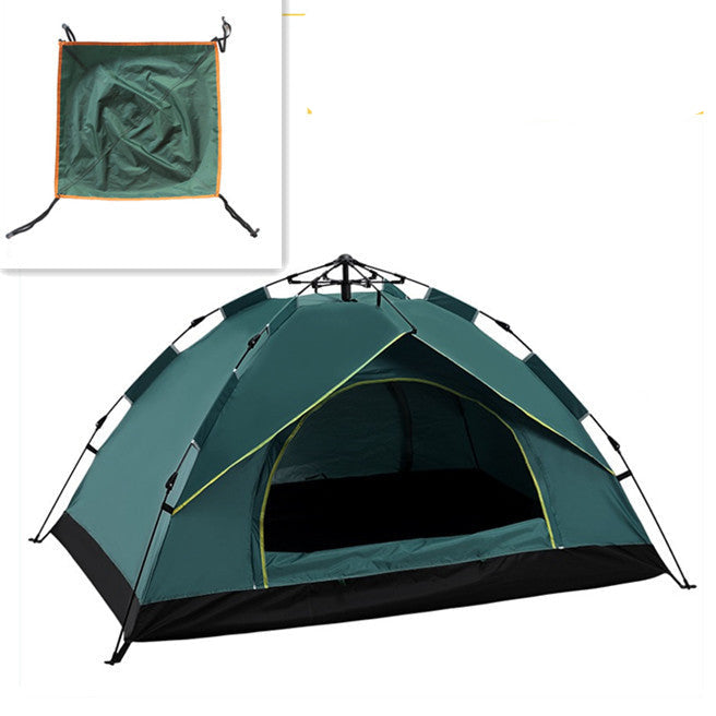 Green camping tent with dimensions displayed on a white background