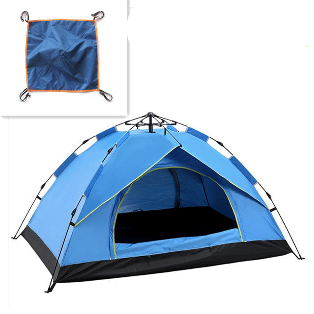 Blue camping tent with dimensions displayed on a white background