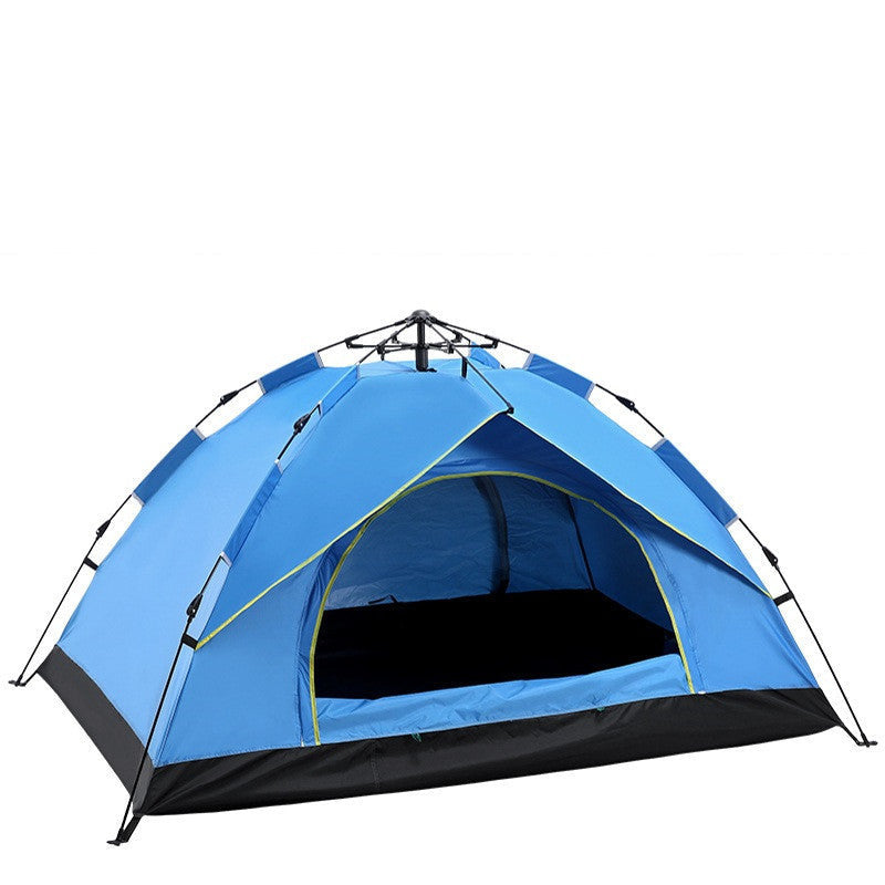 Blue camping tent with text indicating capacity for 3 to 4 people on a white background