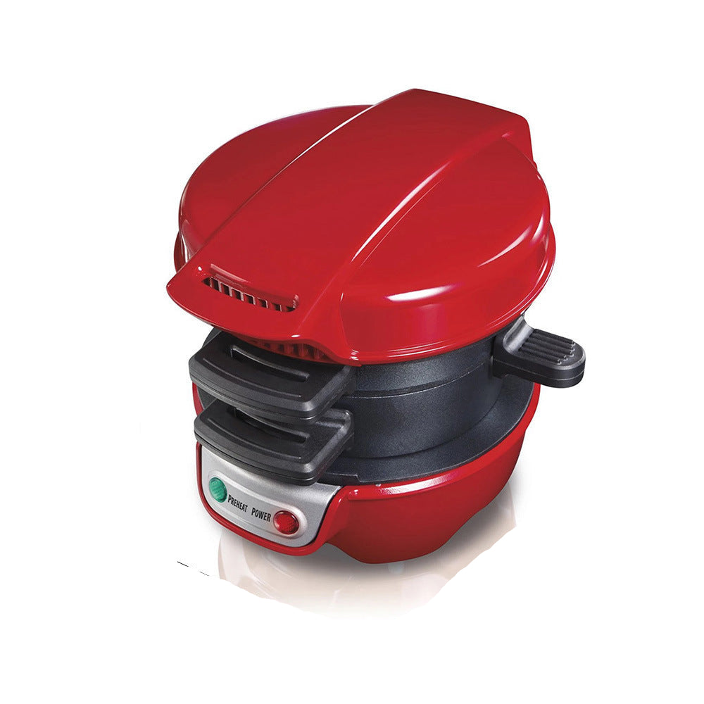 Red and black appliance with dimensions labeled on a white background