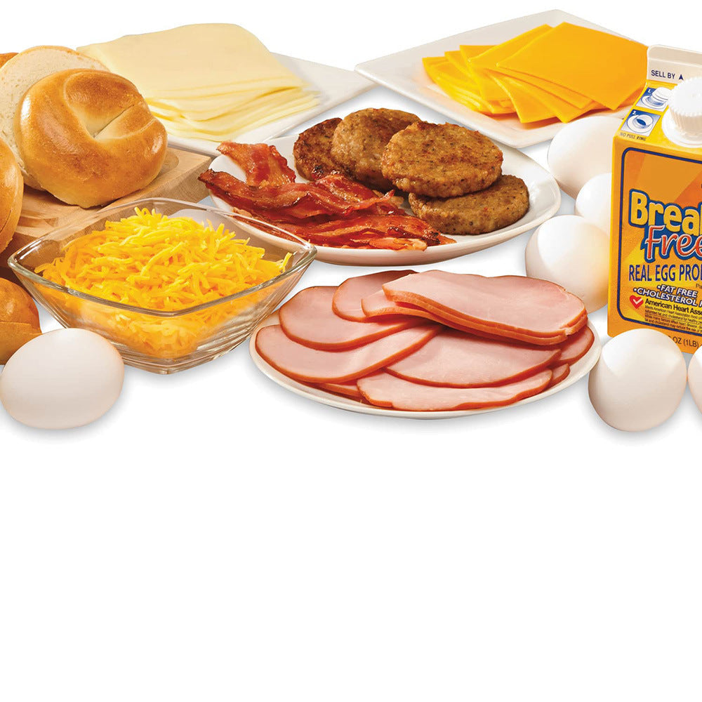 Assorted food items including eggs, cheese, bacon, ham, and bread on a white background with text promoting fresh ingredients.