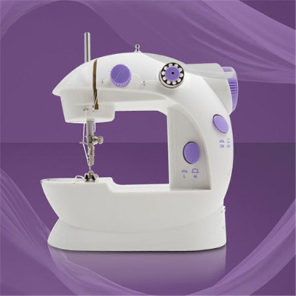 White sewing machine with purple accents on a purple background