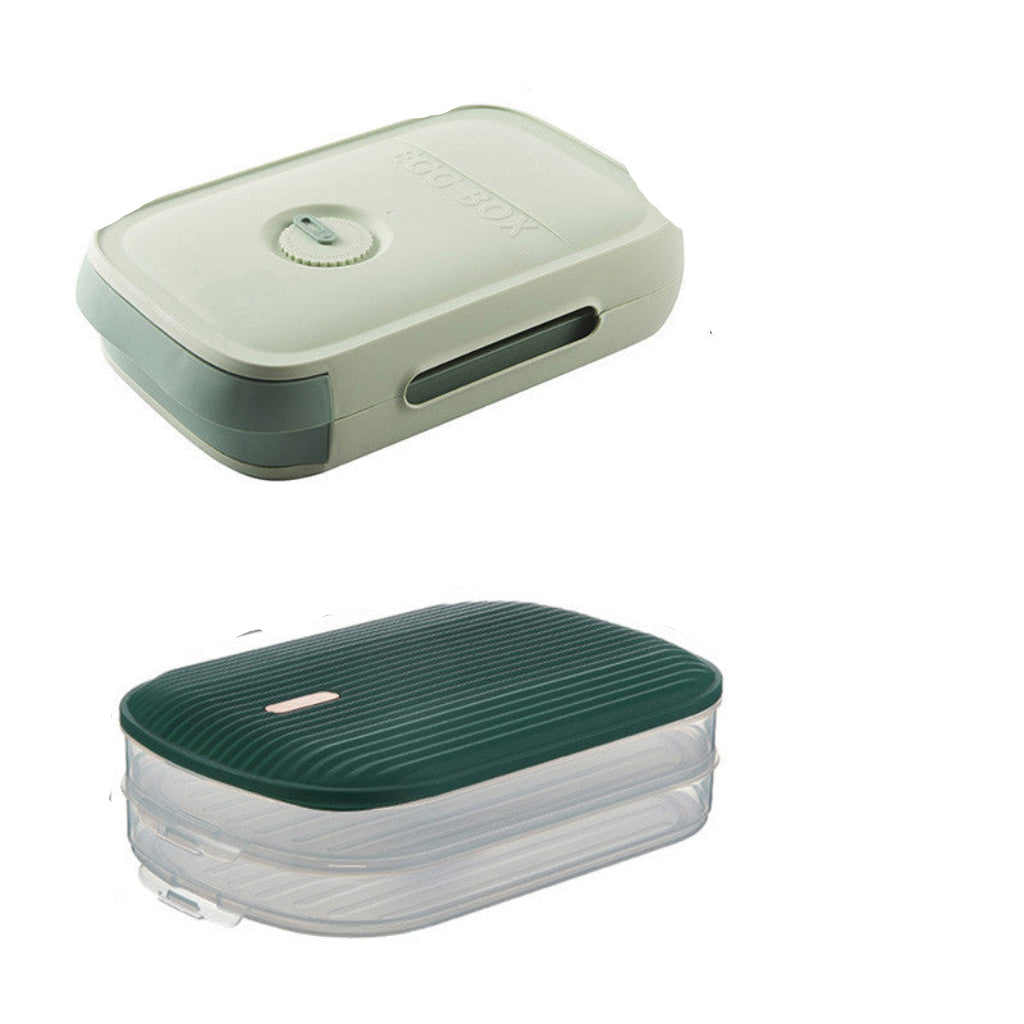 Green and beige container with dimensions labeled on a white background