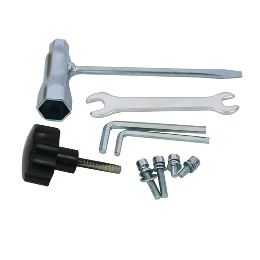 Set of tools including a hammer, wrenches, and bolts on a white background
