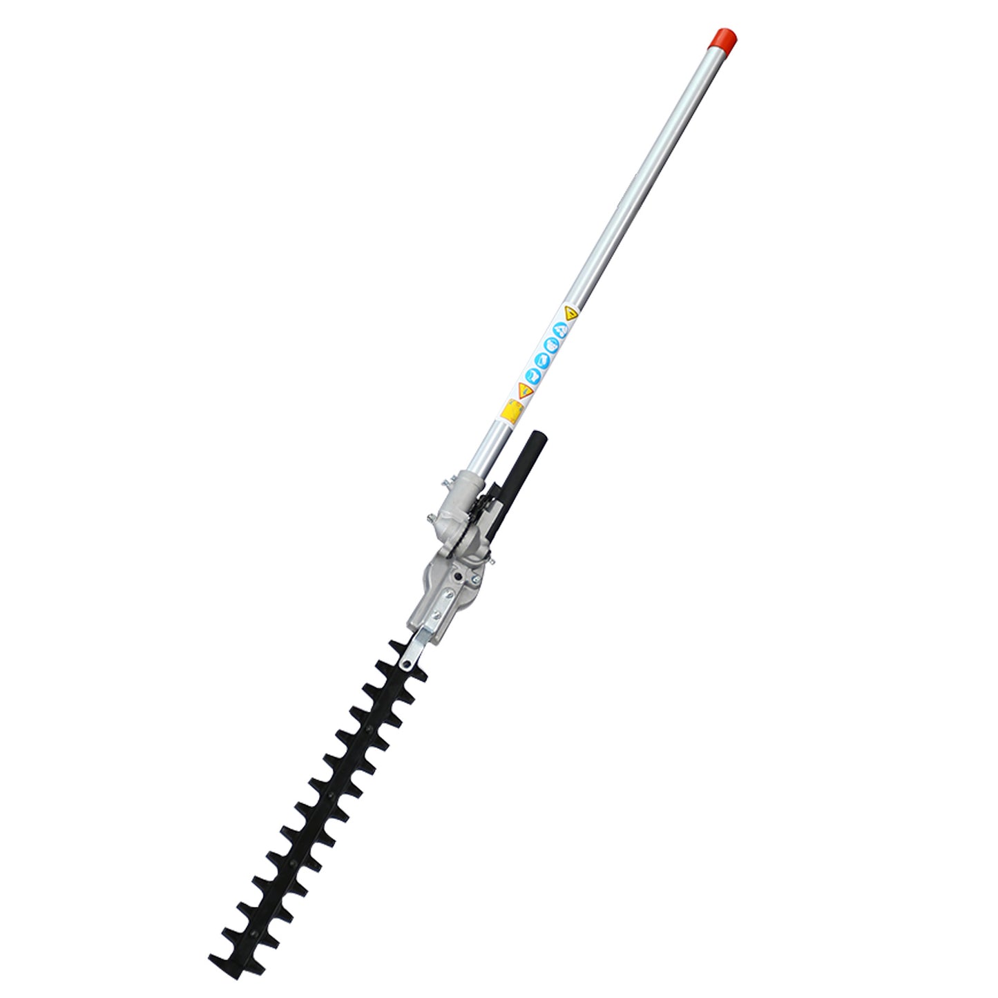 Handheld hedge trimmer with a long pole on a white background