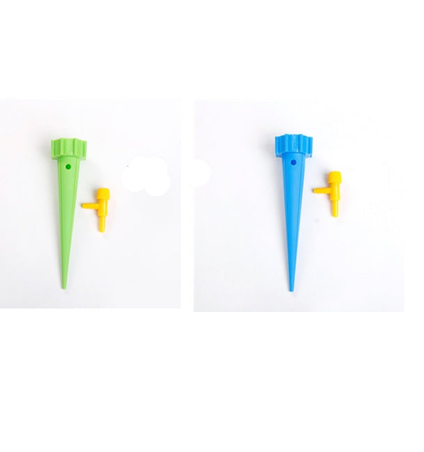 Nine green and yellow plastic tent stakes with nine blue and yellow ones on a white background.
