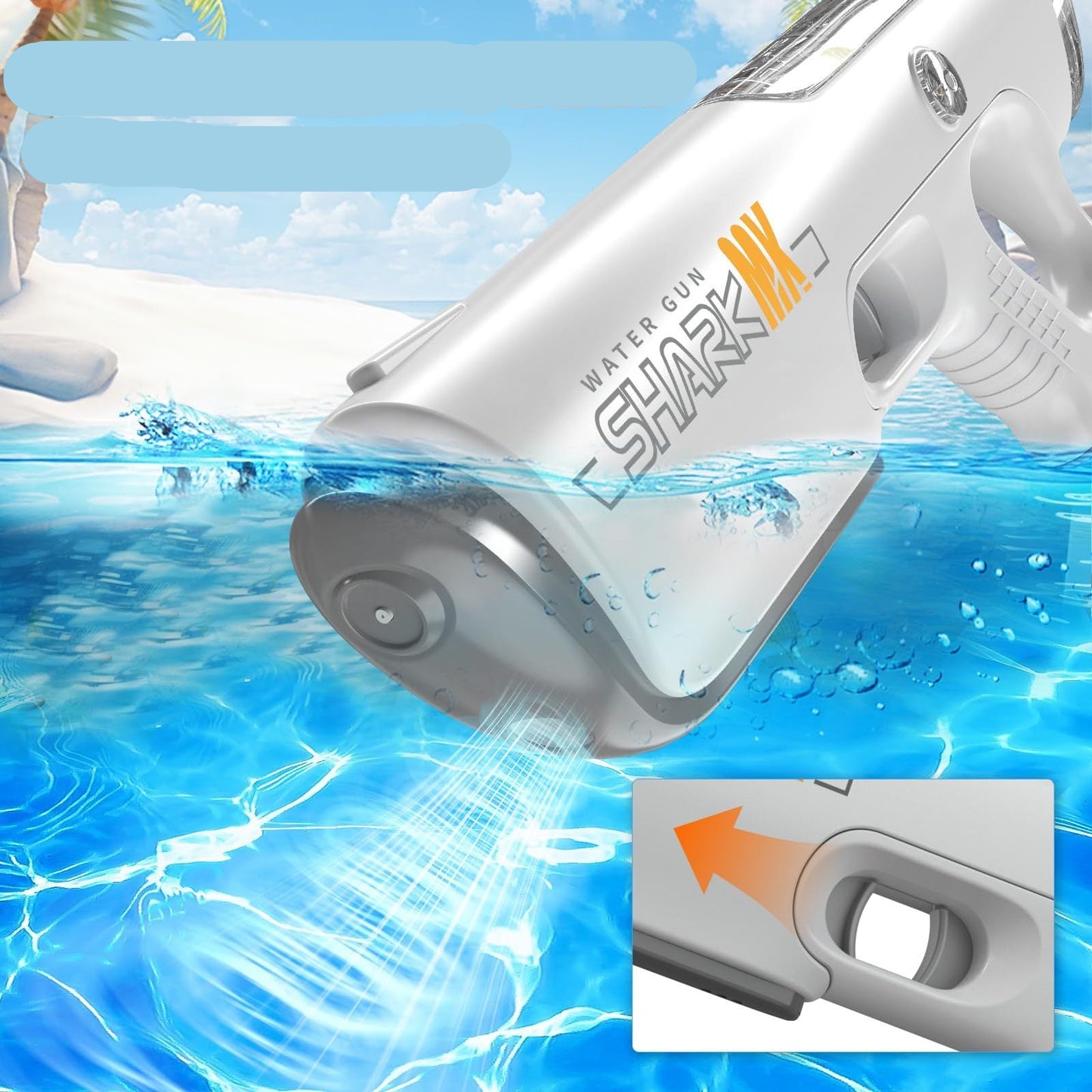 Shark water gun with cool flame light feature on a blue water background