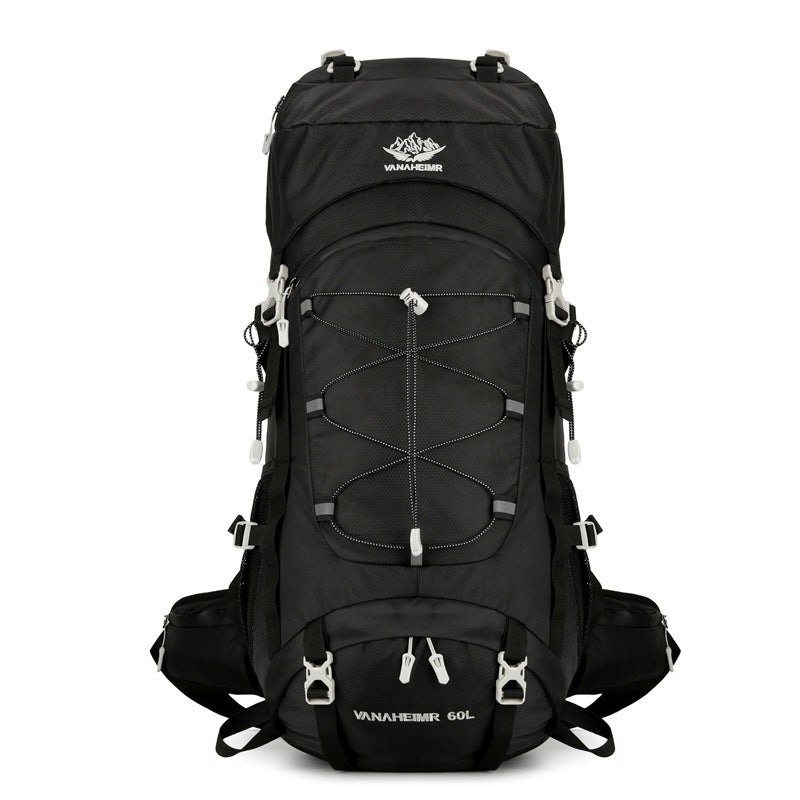 Black backpack with visible brand logo on a white background