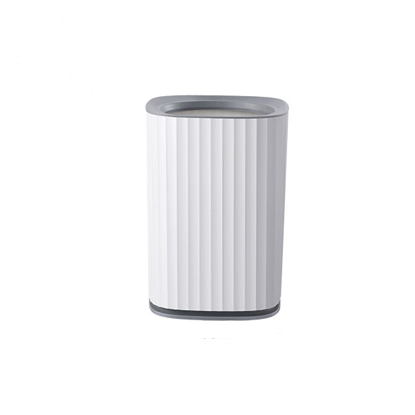 White trash bin with gray lid and dimensions on a white background