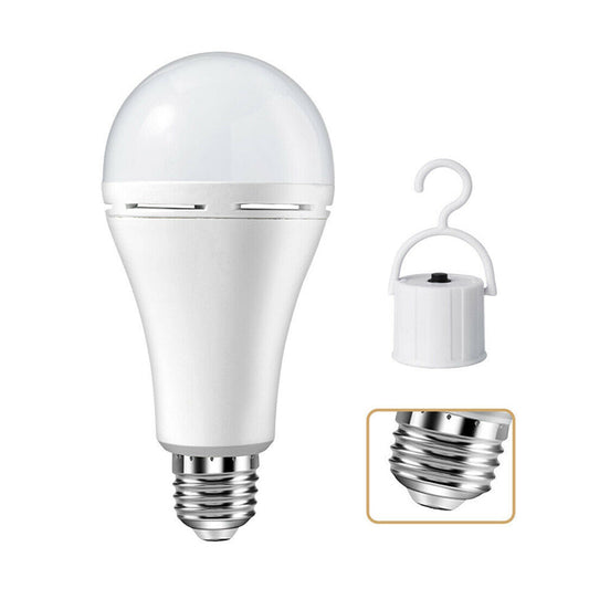 LED light bulb with a hook and compatibility details on a white background