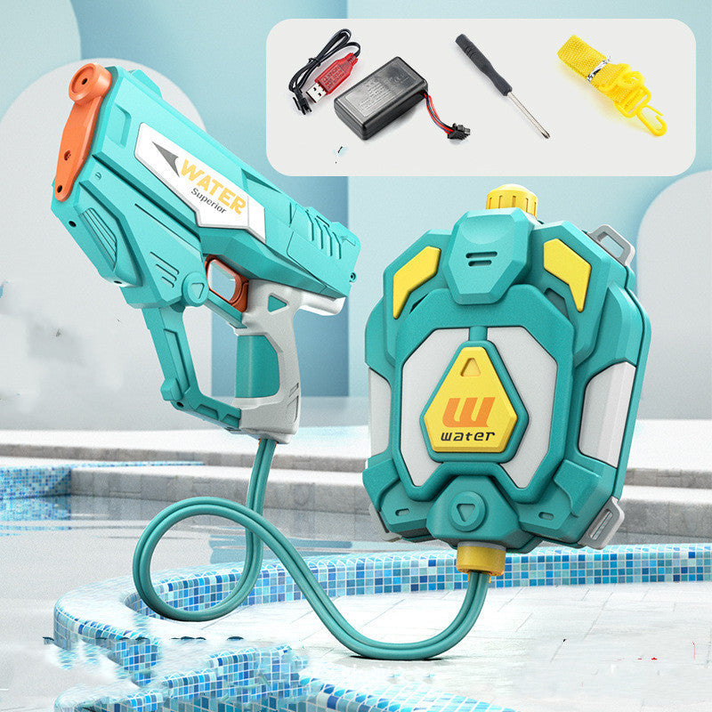 Toy water gun with detachable hose and accessories on a poolside background