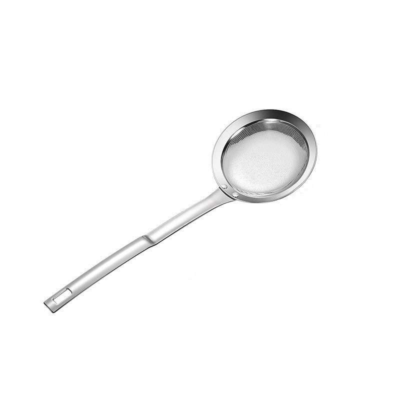 Stainless steel ladle with measuring dimensions on a white background