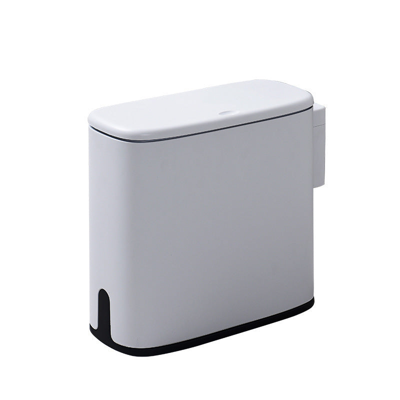 White trash bin with a black base on a white background