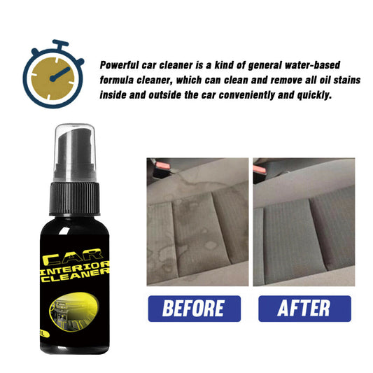 Car interior cleaner bottle with 'Before' and 'After' images showing stain removal.