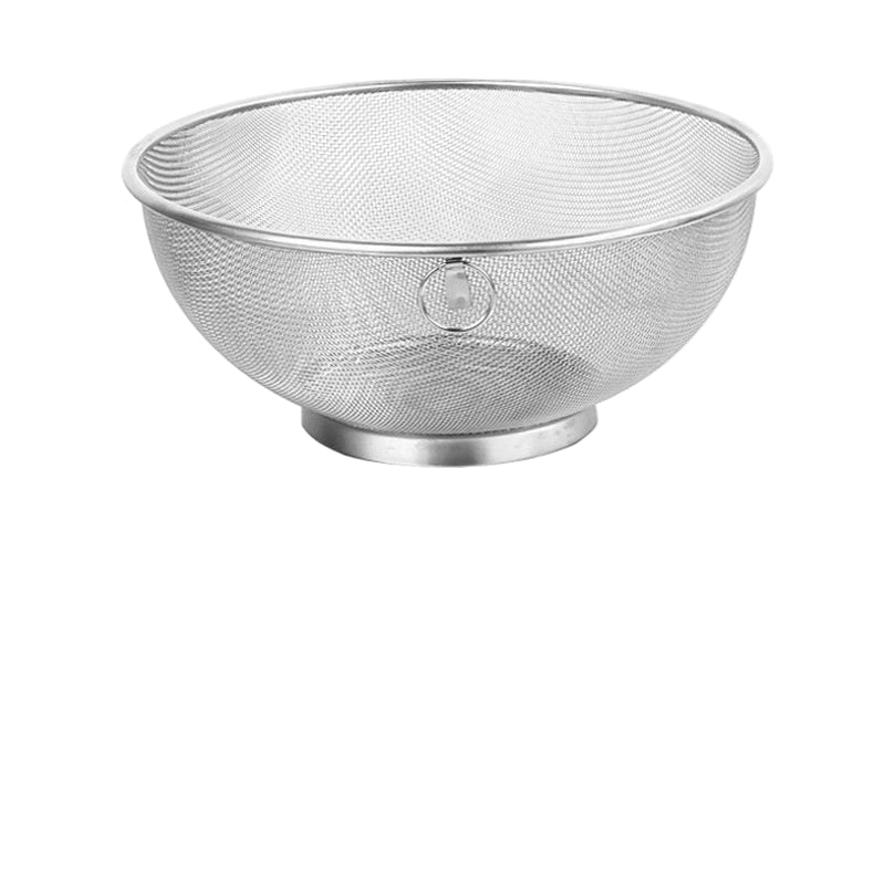 Stainless steel mesh strainer with dimensions and weight specifications on a white background