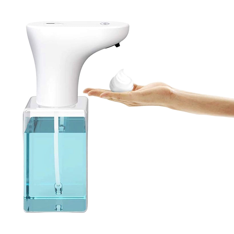 Hand soap dispenser with a hand reaching out to dispense soap, featuring an infrared motion sensor.