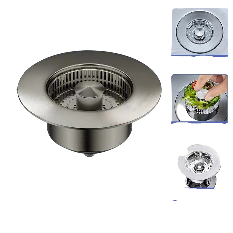 Stainless steel sink drain with dimensions and features on a blue background