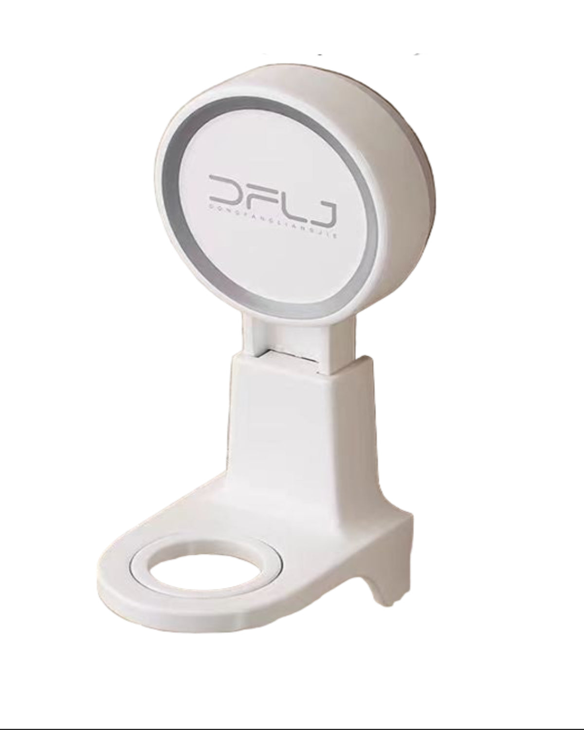 White suction cup bottle hanger with dimensions and product usage on a tiled wall background